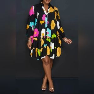 Women's Black Casual Print V-Neck A Line Dress